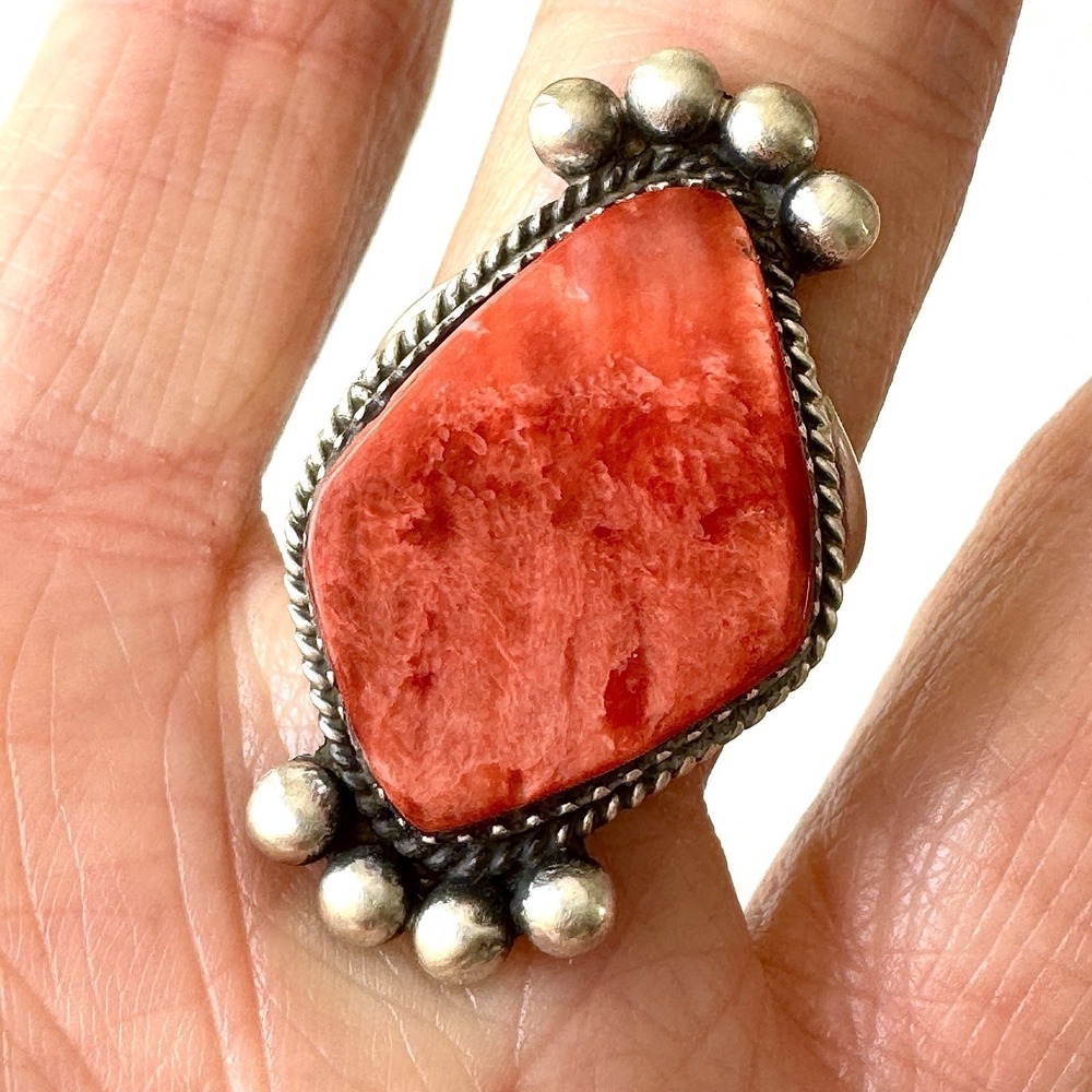 Navajo Red Spiny Oyster Ring Sz 7 Flat Cab Sterling Signed Selina Warner Native